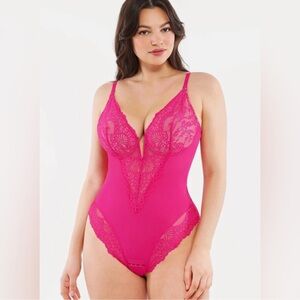 Popilush Deep-V Neck Lace Thong Bodysuit- XL